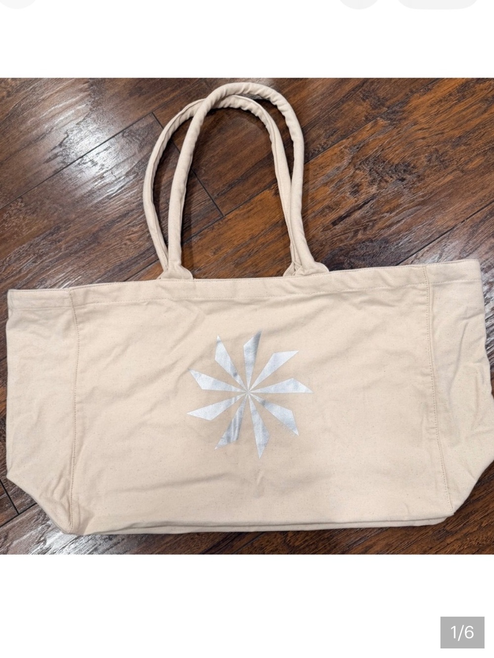 Athleta Cream Canvas Reusable Gym Bag Shopping Tote Metallic logo